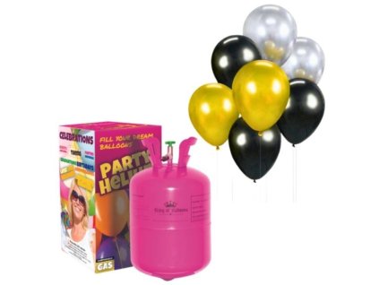 Helium a sada latex. balónků - chrom. zlatá, stříbrná, černá 7 ks - 30 cm