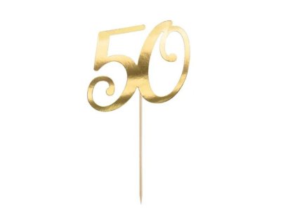 Dekorace - zápich na dort - 50 - narozeniny - Happy birthday - zlatá - 20,5 cm