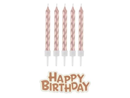 Svíčky narozeniny - Happy Birthday - rose gold - růžovozlaté -16 ks - 7 cm