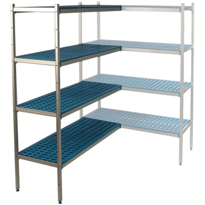 Hliníkový-polypropylenový rohový regál, 5-patrový, 5230x600x1750 mm | ALUSHELF, 4PD-65+5P-126+15P-136+10UM