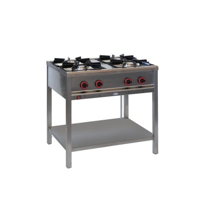 Plynový gastronomický sporák 4-hořákový, 900x900x850 mm s policí, 1x3,5+1x5+1x7+1x9 kW | EGAZ, TG-425.III