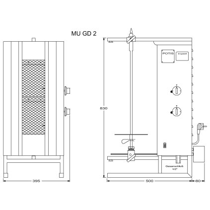 Plynový gril na kebab/gyros, 2 topná pole, zátěž 30 kg, 7 kW, dolní pohon, 635x550x915 mm, nádoba na tuk 500x500 mm | POTIS, MU GD2/LPG