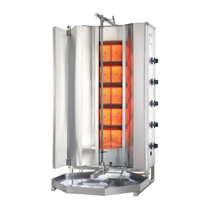 Plynový gril na kebab/gyros, 5 topných polí, zátěž 120 kg, 17,5 kW, dolní pohon, 600x660x1220 mm, nádoba na tuk 650x650 mm | POTIS, MU GD5/zemní plyn