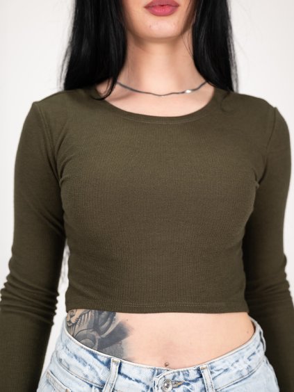 Khaki crop top s dlhým rukávom