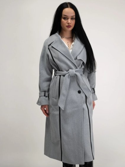 Sivý dlhý kabát s opaskom