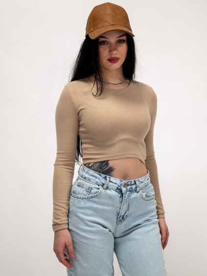 Béžový crop top s dlhým rukávom