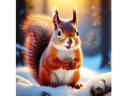 Firefly roztomilá, veselá veverka s huňatým ocasem, pohádková postava s žaludem v ruce v zimní kraji