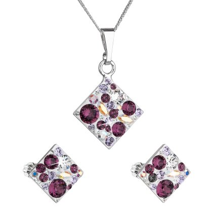 Sada šperkov s krištáľmi Swarovski náušnice, retiazka a prívesok fialový kosoštvorec 39126.3 amethyst