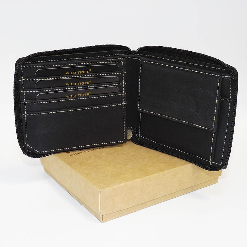 Černá broušená kožená peněženka Leon ZIPPER s monogramem, textem nebo fotkou