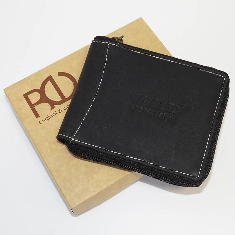 Černá broušená kožená peněženka Leon ZIPPER s monogramem, textem nebo fotkou