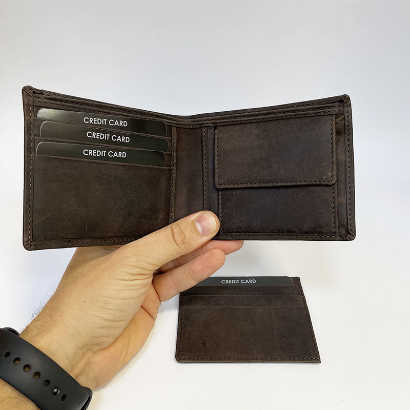 Tmavě hnědá pánská SLIM kožená peněženka 2v1 s monogramem, textem nebo fotkou