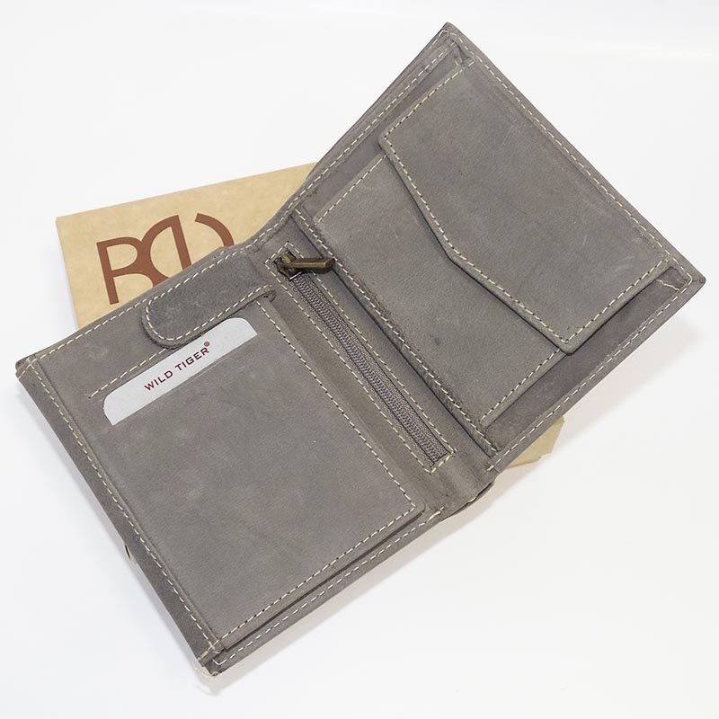 Pánská šedá kožená peněženka na výšku Tiger Leather s monogramem