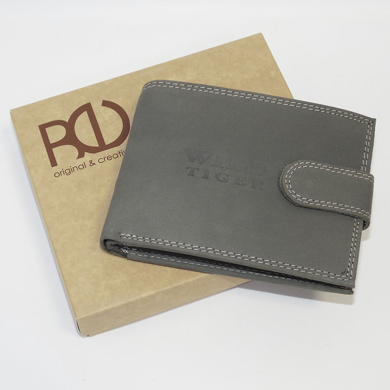 Pánská šedá kožená peněženka na šířku se zapínáním Tiger Leather s monogramem