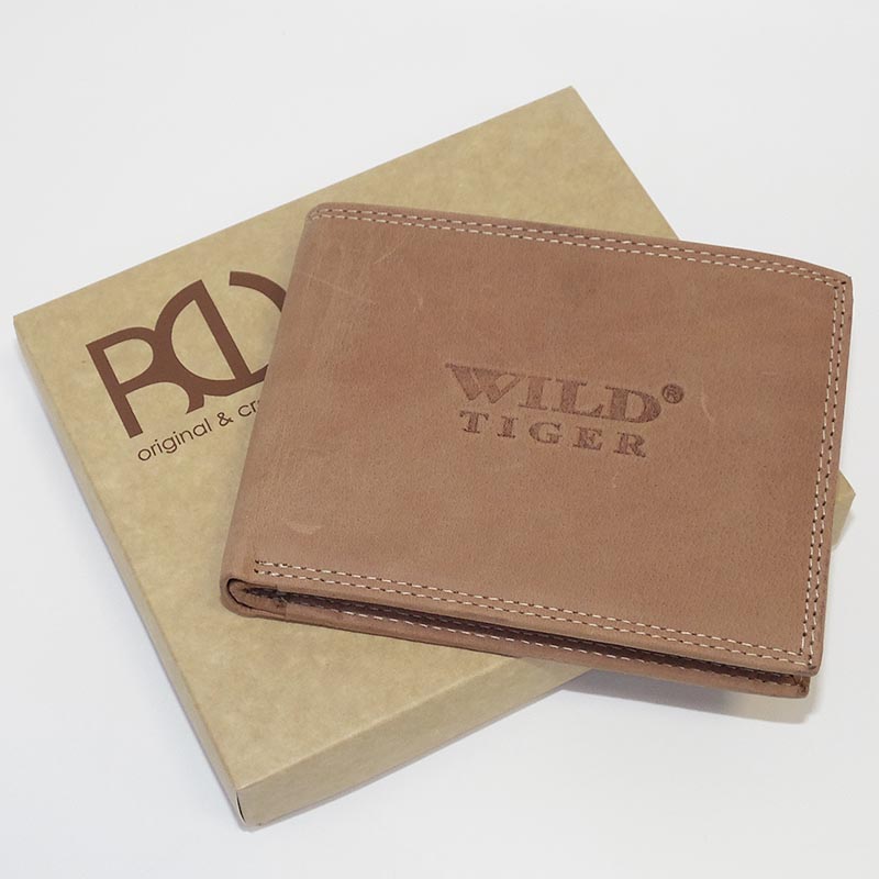 Pánská kožená peněženka Tiger Leather světle hnědá na šířku bez zapínání | Pravá kůže, monogram, laserová personalizace
