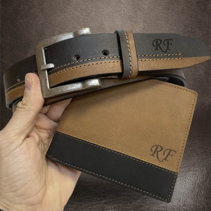 Pánský luxusní kožený set COMBO BEORIGINAL Leather kožená peněženka a kožený pásek (brown/anthracite) s monogramem