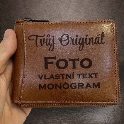 Pánská hnědá kožená peněženka ZIPPER ROYAL Leather s monogramem, textem nebo fotkou