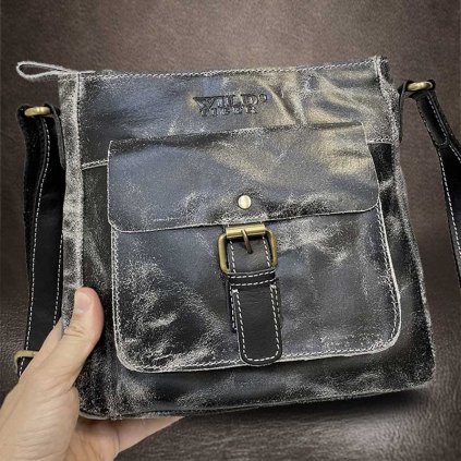 Pánská černá WILD Leather kožená crossbody messenger taška přes rameno | velikost L velká