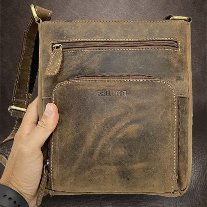 Pánská hnědá BELLUGIO Leather kožená crossbody messenger taška přes rameno | velikost L velká