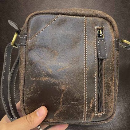 Pánská malá hnědá WILD Leather kožená crossbody messenger taška přes rameno | velikost S malá