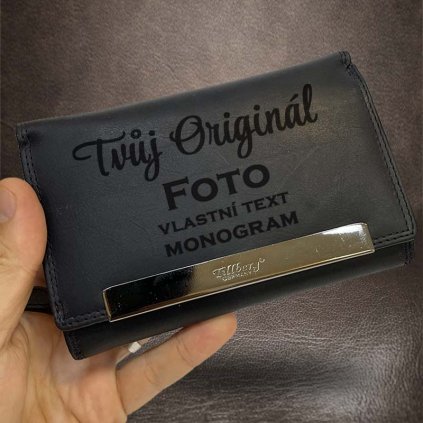 Dámská prémiová černá kožená peněženka TILLBERG LEATHER RFID s monogramem, vlastním textem nebo fotkou