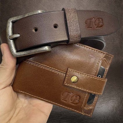 BLACK FRIDAY* Pánský luxusní kožený set 3v1 ROYAL LEATHER hnědá kožená peněženka, pouzdro a pásek s monogramem (ražba)