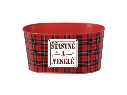 Kvetináč plechový 225x110 mm oválny, `Šťastné a veselé`, červená, čierna, zelená