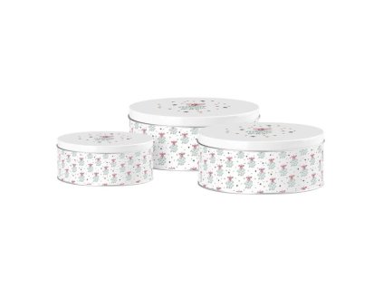 Dóza plechová 3ks set 200x90/185x80/140x65 mm guľatá MISTLETOE MAGIC, biela, modrá