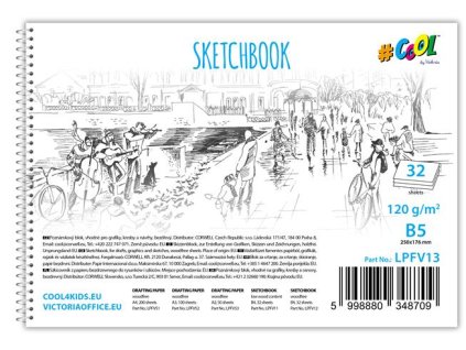 Náčrtník, bezdrevný, 32 listový, bezdrevný, B5, špirálový, 120 g, COOL BY VICTORIA