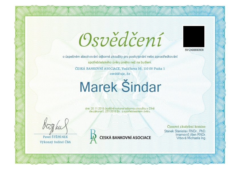 Osvědčení - Marek Šindar