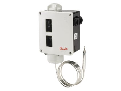 Termostat kapilárový Danfoss RT14E; -5÷30°C  Funkce odblokování: Auto, Funkce kontaktů: SPDT pozlacený, Typ senzoru: Dálková žárovka, Kapilární trubice [mm]: 2000, Hodnocení krytí IP: IP66