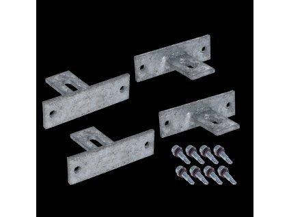 Set s držiakmi plotového poľa, set obsahuje 4x držiak(dĺžka 100mm, šírka 30mm, výška 60mm, hrúbka 5mm) 8x skrutka, žiarový pozink