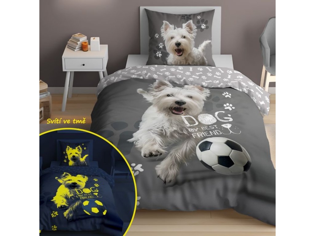 DETEXPOL Povlečení Pes fotbalista svítící  Bavlna, 140/200, 70/80 cm