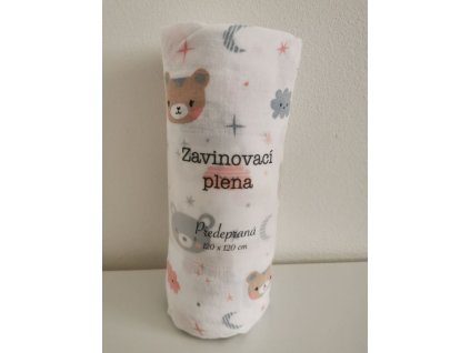 Zavinovací předepraná plena s potiskem Méďa mráček Bavlna - předepraná, 120/120 cm