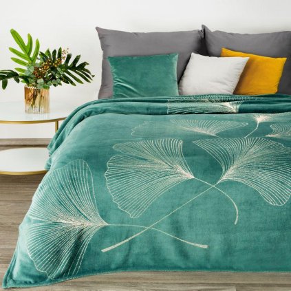58266 tyrkysova flano deka ginko1 s lesklou potlacou 150x200 cm
