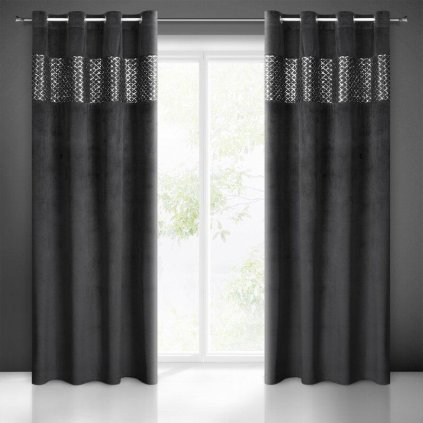 69831 cierny zamatovy zaves margot na kruzkoch s ozdobnym lemom 140 x 250 cm