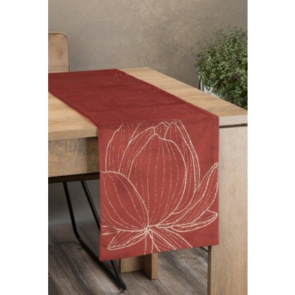 73110 tehlovy zamatovy behun na stol blink12 s kvetinovym vzorom 35x220 cm