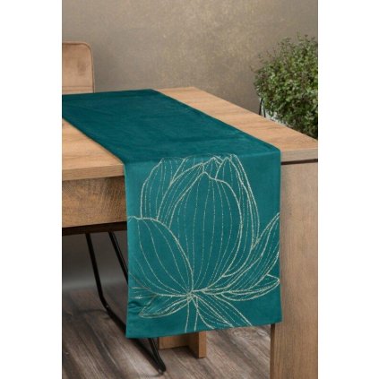 73113 tyrkysovy zamatovy behun na stol blink12 s kvetinovym vzorom 35x220 cm