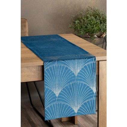 73140 modry zamatovy behun na stol blink14 s kvetinovym vzorom 35x140 cm