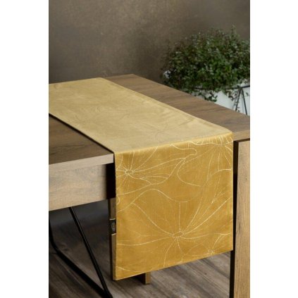 73221 zlaty zamatovy behun na stol blink18 s kvetinovym vzorom 35x140 cm
