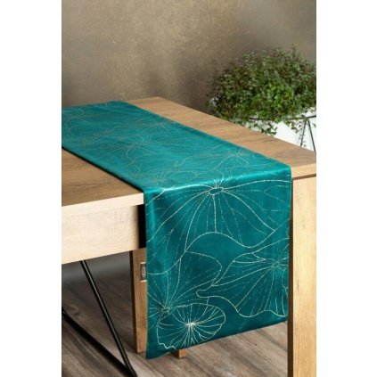 73233 tyrkysovy zamatovy behun na stol blink18 s kvetinovym vzorom 35x140 cm