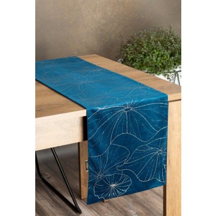 73260 modry zamatovy behun na stol blink18 s kvetinovym vzorom 35x180 cm
