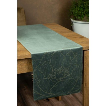 73287 mentolovy zamatovy behun na stol blink13 s kvetinovym vzorom 35x220 cm