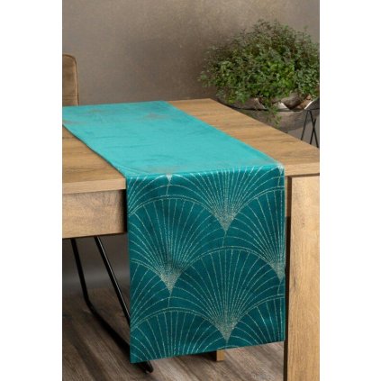73314 tyrkysovy zamatovy behun na stol blink14 s kvetinovym vzorom 35x220 cm
