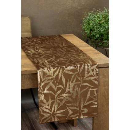 73323 hnedy zamatovy behun na stol blink15 s kvetinovym vzorom 35x220 cm