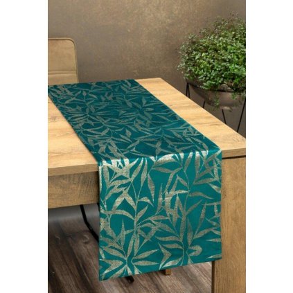 73332 tyrkysovy zamatovy behun na stol blink15 s kvetinovym vzorom 35x220 cm