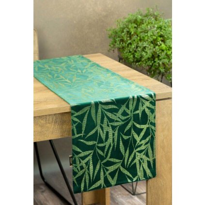 73365 zeleny zamatovy behun na stol blink15 s kvetinovym vzorom 35x140 cm
