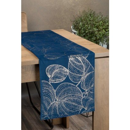 73404 modry zamatovy behun na stol blink16 s kvetinovym vzorom 35x140 cm