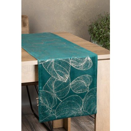 73419 tyrkysovy zamatovy behun na stol blink16 s kvetinovym vzorom 35x140 cm