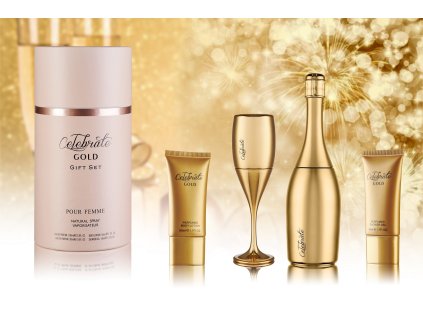 Celebrate Gold Gift Set Sprchový gél 50ml + EDP  100ml + EDP 30ml + Telové mlieko 50ml + Sprchový chumáč 1ks darčeková sada