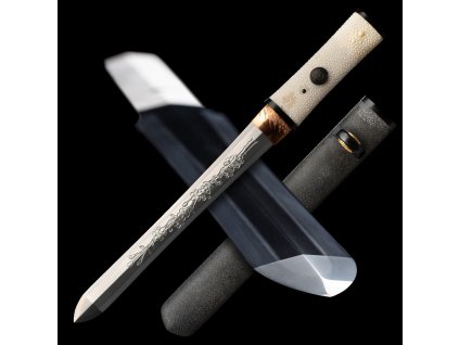 30252 12 aichi tanto tamahagane flower horimono s oboustrannym hamonem suguha